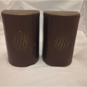 Vtg Brown Leather Tooled Half Circle Gold Trim Bookends MCM 6” Tall Felt Bottom